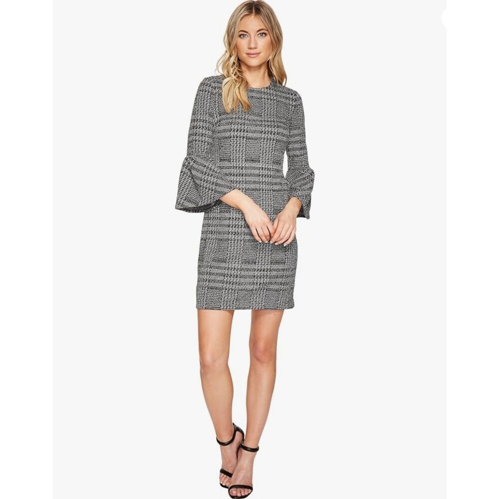 CALVIN KLEIN Bell Sleeve Shift Sweater Dress 6 Black Cream Mini Plaid NEW B19